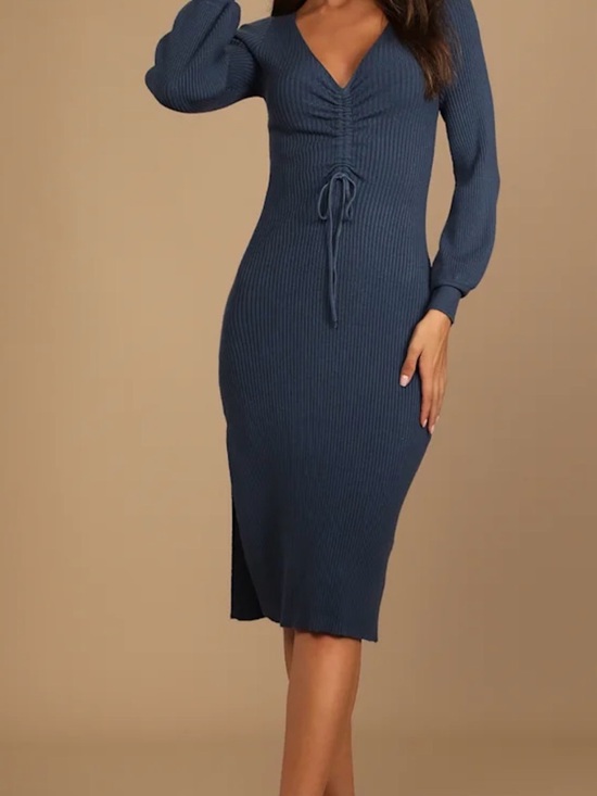 Lulu's Slate Blue Ribbed V-Neck Drawstring Midi Dress - Picture 4 of 12
